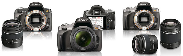 Foto der Modelle α230, α330 und α380 von Sony