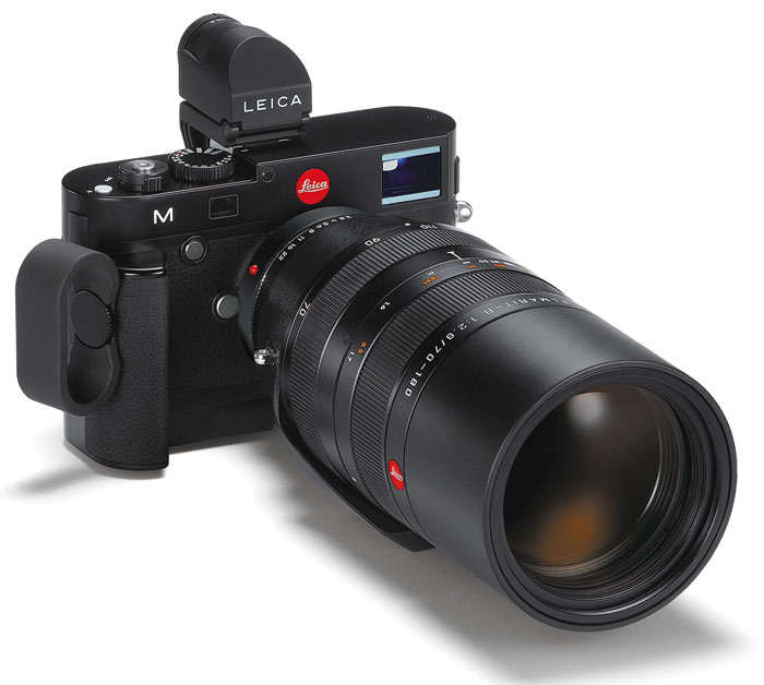 Foto Leica M mit R-Adapter M (und Elmarit-R 2,8/70-180 mm), Visoflex-Aufstecksucher und Multifunktionshandgriff-M