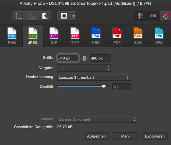 Affinity Photo: Export-Befehl