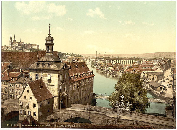 Photochromdruck; Bamberg - Rathaus mit Wasserparthie