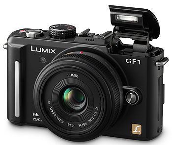 Foto der Lumix GF1 von Panasonic mit Blitz