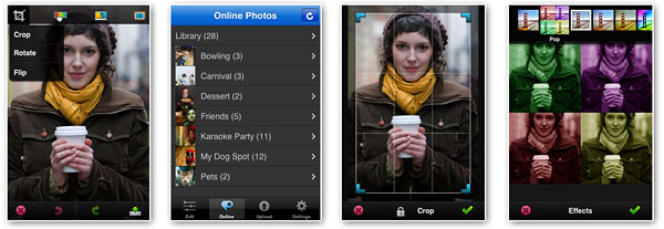 Vier Screenshots von Photoshop.com Mobile