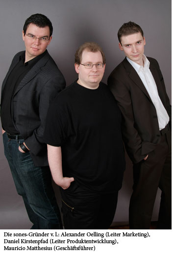 Foto der sones-Gründer v. l.: Alexander Oelling (Leiter Marketing), Daniel Kirstenpfad (Leiter Produktentwicklung), Mauricio Matthesius (Geschäftsführer)