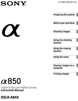 Screenshot der Bedienungsanleitung zur alpha 850 von Sony